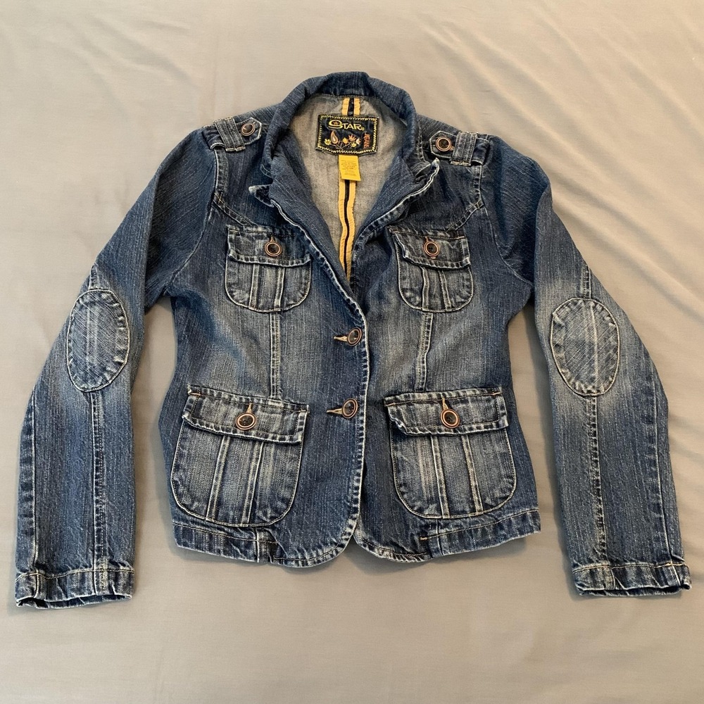 Star Jeans Jacket Womens Medium Blue Denim Military Utility Pockets Button Front
